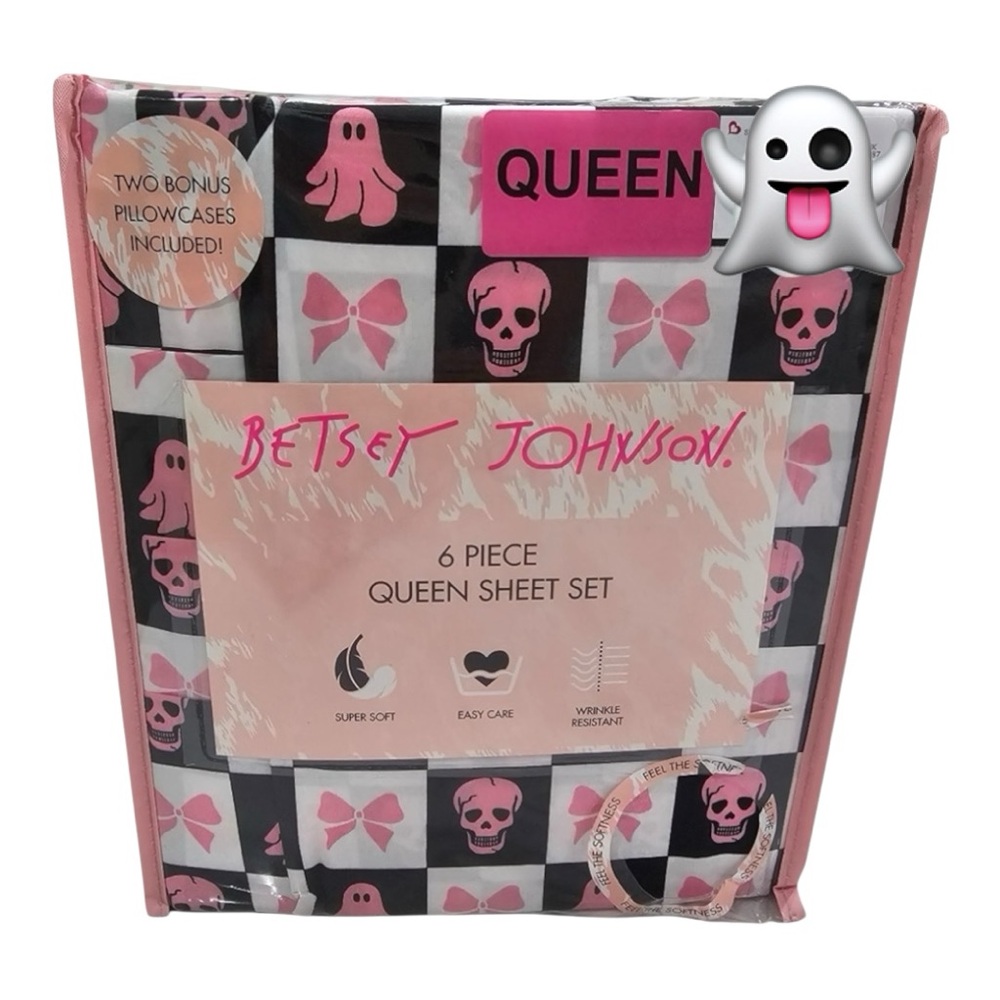Betsey Johnson CHECK PINK Ghostie Skull Bow Queen Sheet 6 Piece Set